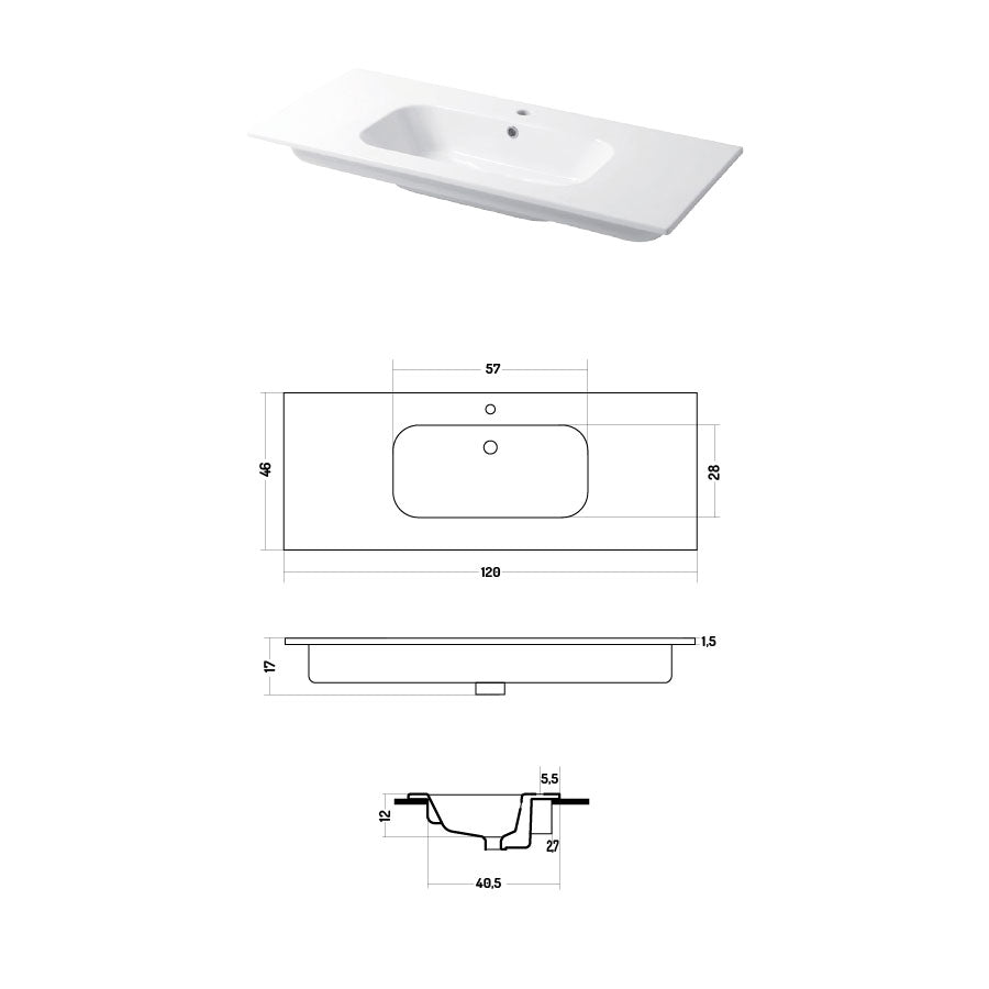 Lavabo a consolle in ceramica bianca lucida serie Qubo Square 46 Disegno-Ceramica 121cm by CeramicStore | Lo specialista del tuo bagno