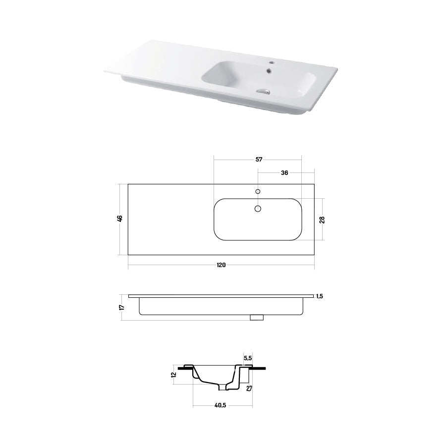 Lavabo a consolle in ceramica bianca lucida serie Qubo Square 46 Disegno-Ceramica 121cm - con piano appoggio sulla sinistra by CeramicStore | Lo specialista del tuo bagno