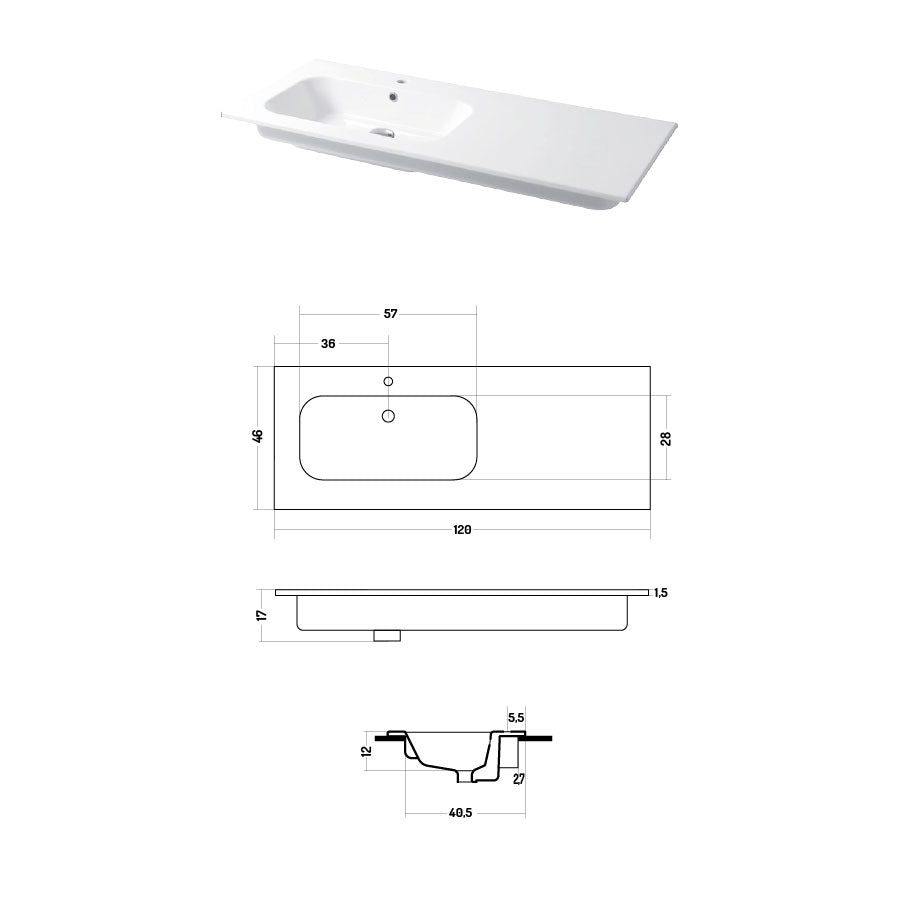 Lavabo a consolle in ceramica bianca lucida serie Qubo Square 46 Disegno-Ceramica 121cm - con piano appoggio sulla destra by CeramicStore | Lo specialista del tuo bagno
