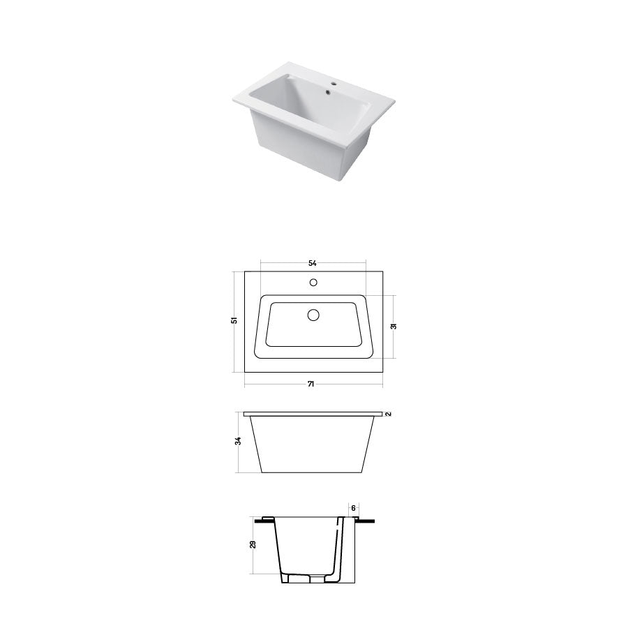 Lavatoio da interno da appoggio o incasso in ceramica bianca lucida 71x51cm Disegno-Ceramica