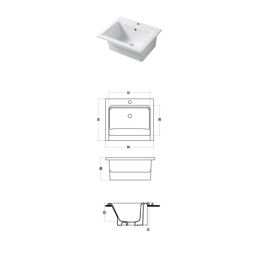Lavatoio per interno da appoggio o incasso in ceramica bianca lucida 61x51cm modello Yorkshire Disegno-Ceramica