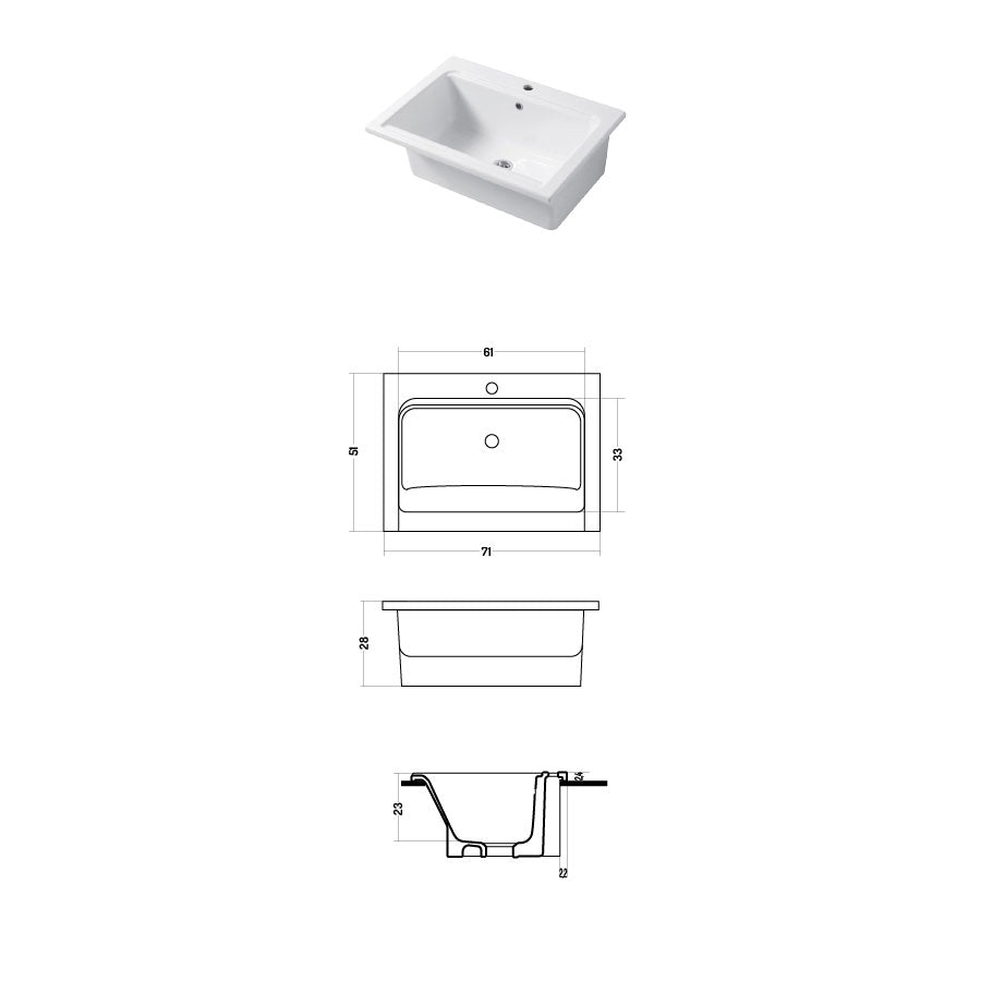 Lavatoio per interno da appoggio o incasso in ceramica bianca lucida 71x51cm modello Scotland Disegno-Ceramica