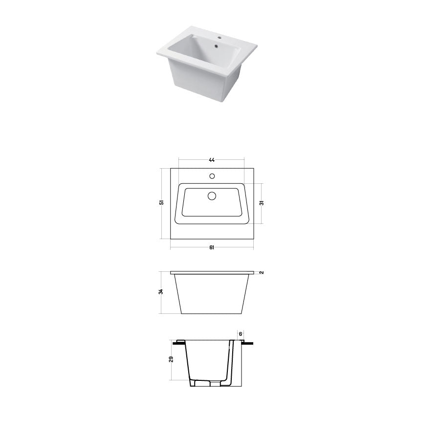 Lavatoio da interno da appoggio o incasso in ceramica bianca lucida 61x51cm Disegno-Ceramica