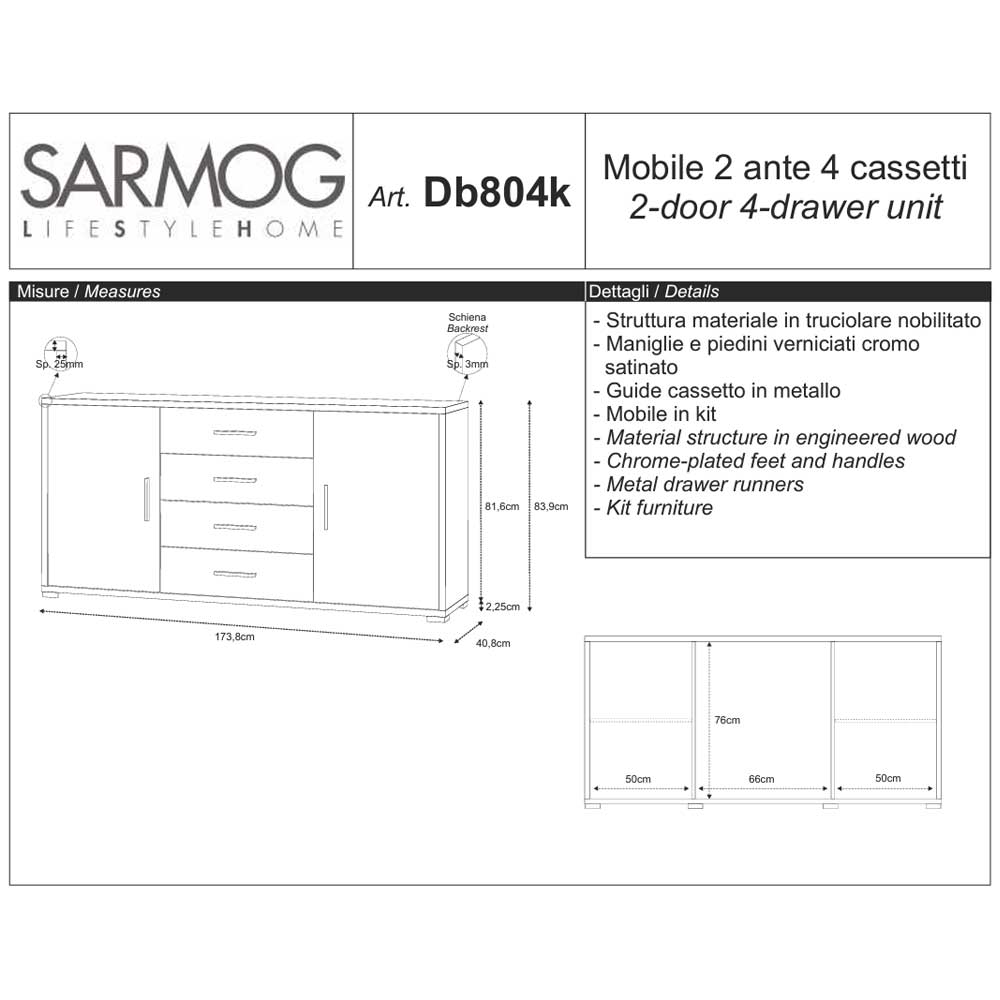 Mobile Credenza da Soggiorno con 2 ante e 4 cassetti finitura Struttura Cemento / Finitura Frontale Ossido Bianco by Sarmog by CeramicStore | Lo specialista del tuo bagno