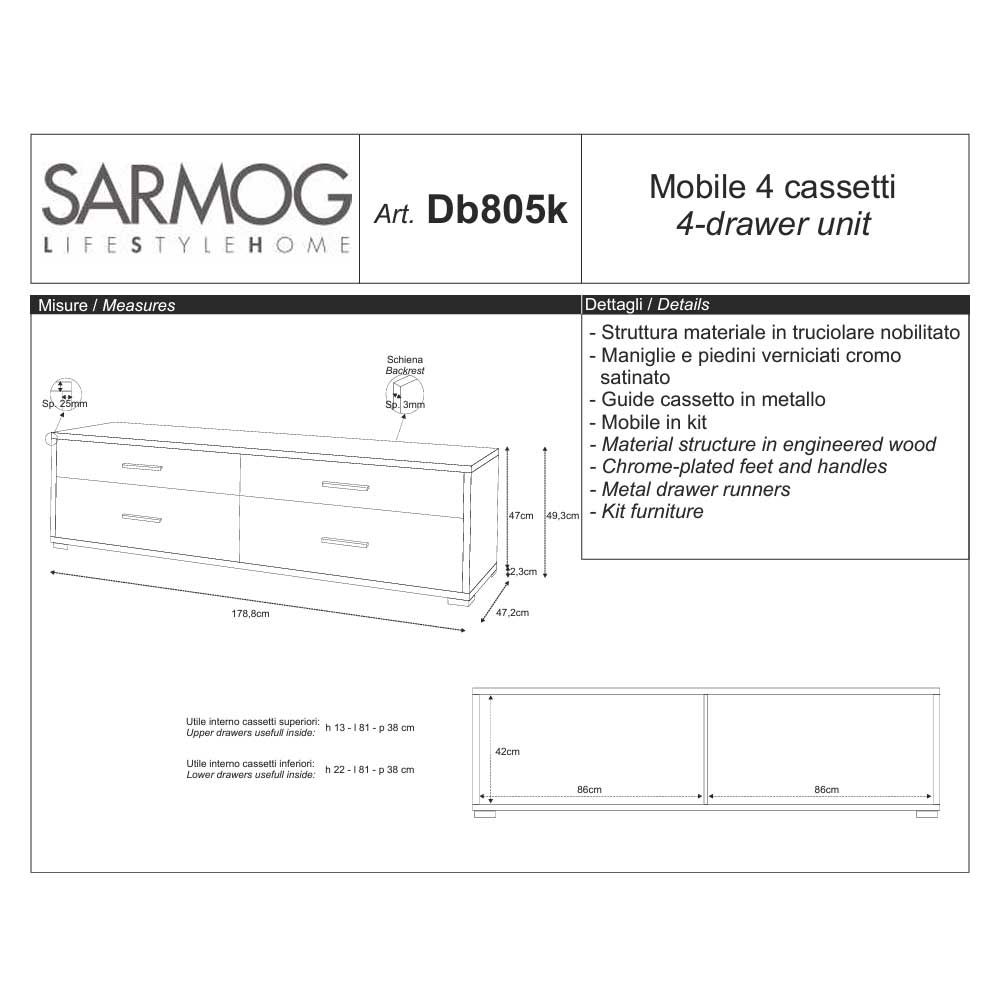 Mobile Basso da Soggiorno con 4 cassetti finitura Struttura Cemento / Finitura Frontale Cemento by Sarmog by CeramicStore | Lo specialista del tuo bagno