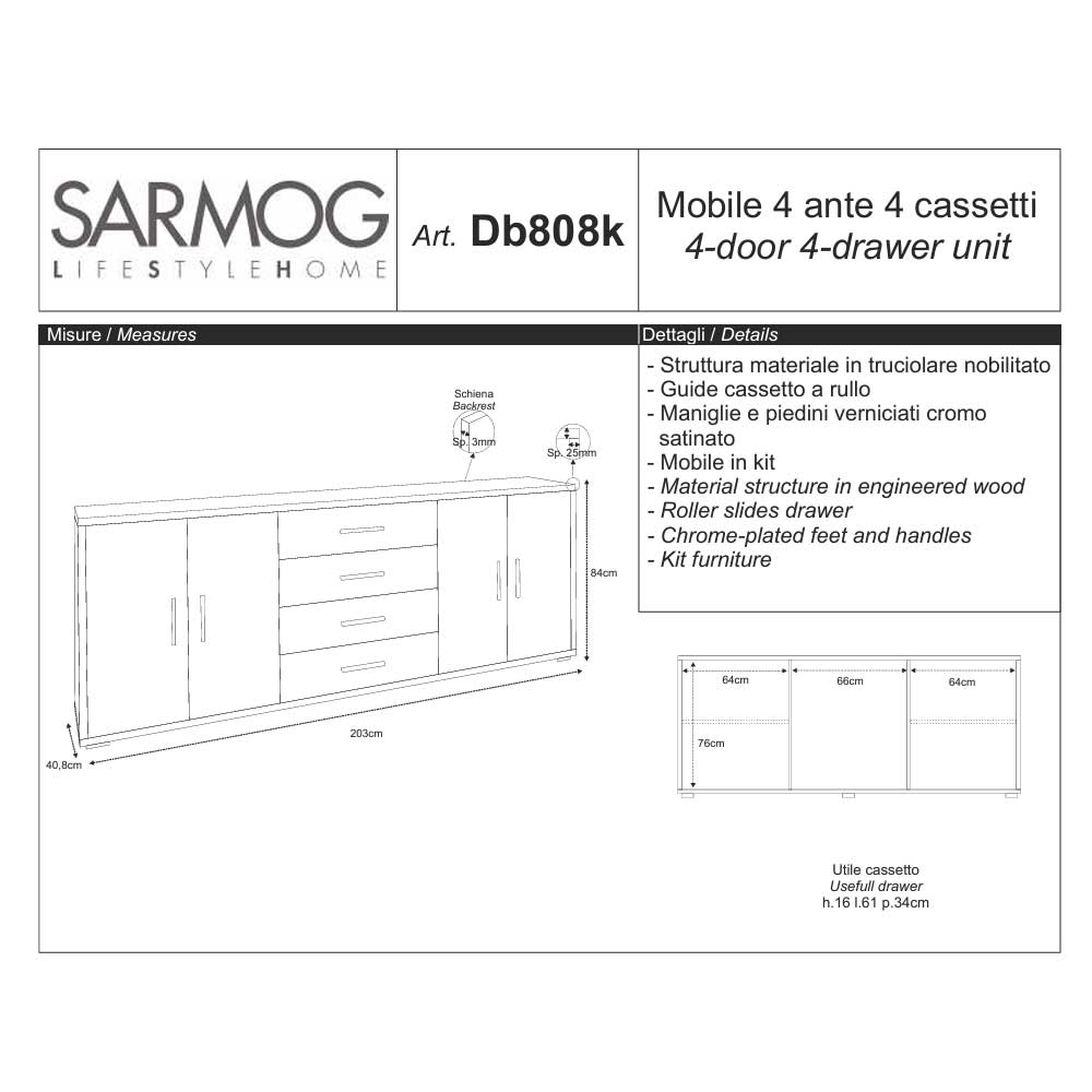 Mobile Basso da Soggiorno con 4 Ante e 4 Cassetti finitura Struttura Ossido Bianco / Finitura Frontale Ossido Nero by Sarmog by CeramicStore | Lo specialista del tuo bagno