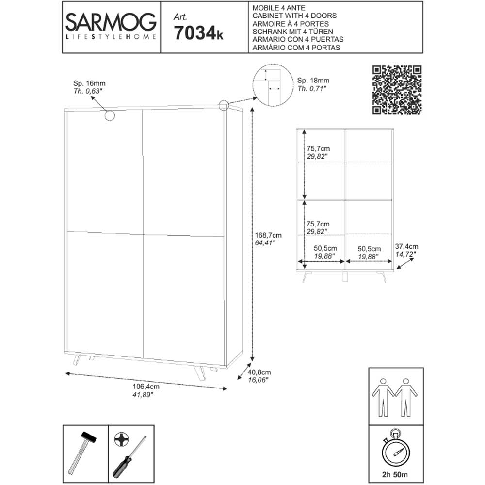 aMobile Armadio a 4 Ante Push-Pull e 4 ripiani finitura Struttura Cemento / Finitura Frontale Ossido Bianco by Sarmog by CeramicStore | Lo specialista del tuo bagno