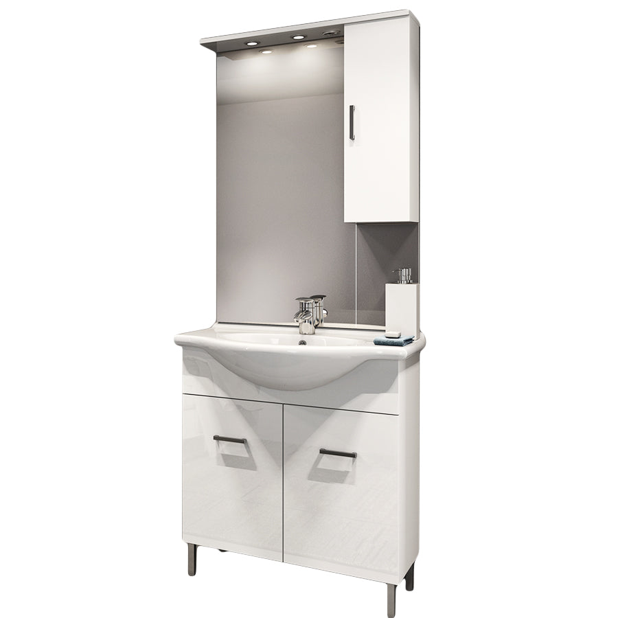 Mobile bagno a terra a due ante con lavabo, specchio e pensile modello Jour in nobilitato rifinitura bianco lucido by CeramicStore | Lo specialista del tuo bagno