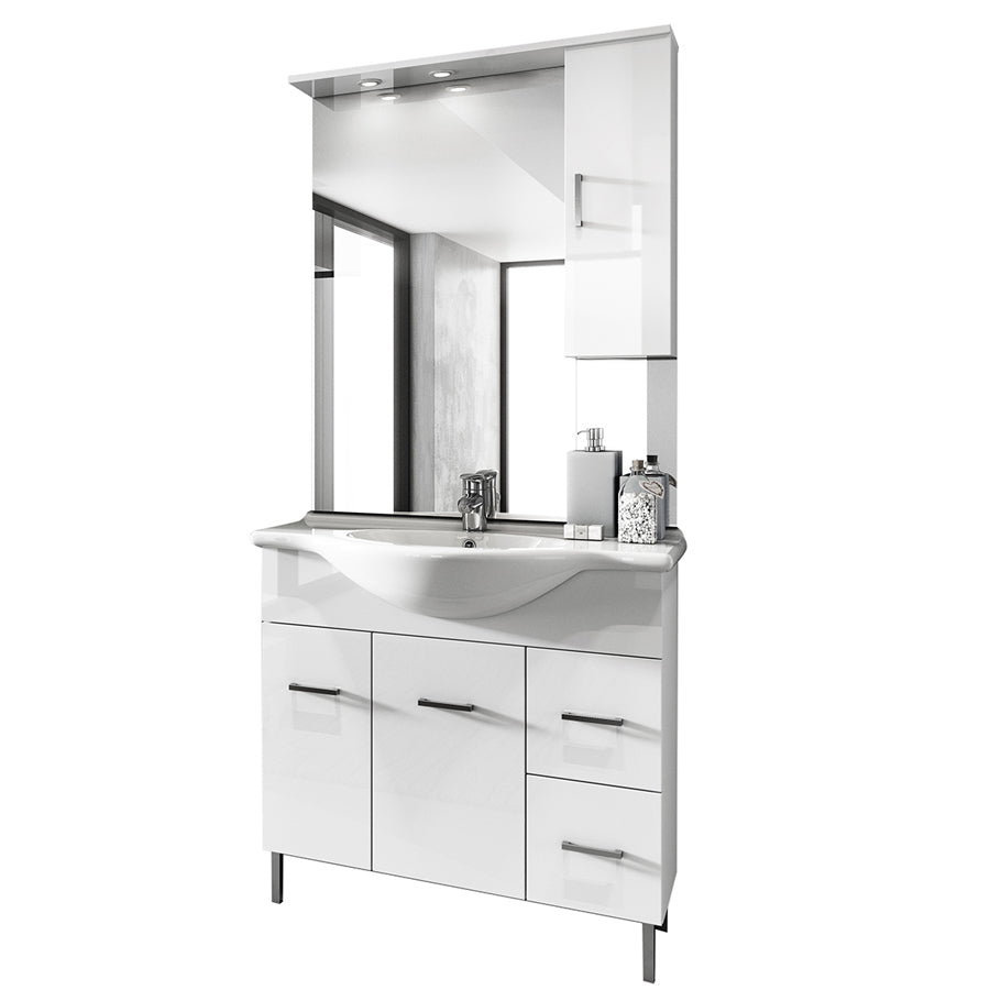 Mobile bagno a terra con due ante, due cassetti, lavabo in ceramica, specchio e pensile modello Jour in nobilitato bianco lucido by CeramicStore | Lo specialista del tuo bagno