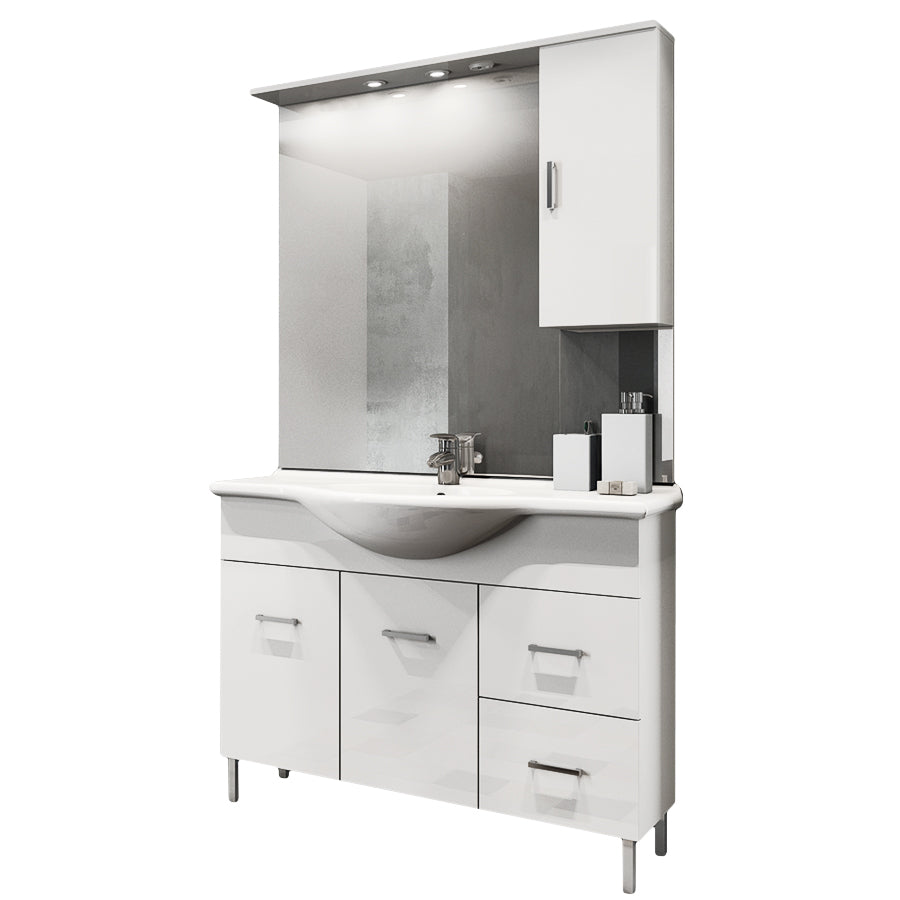 Mobile bagno a terra con lavabo, specchio e pensile modello Jour cm 105 in nobilitato rifinitura bianco lucido by CeramicStore | Lo specialista del tuo bagno