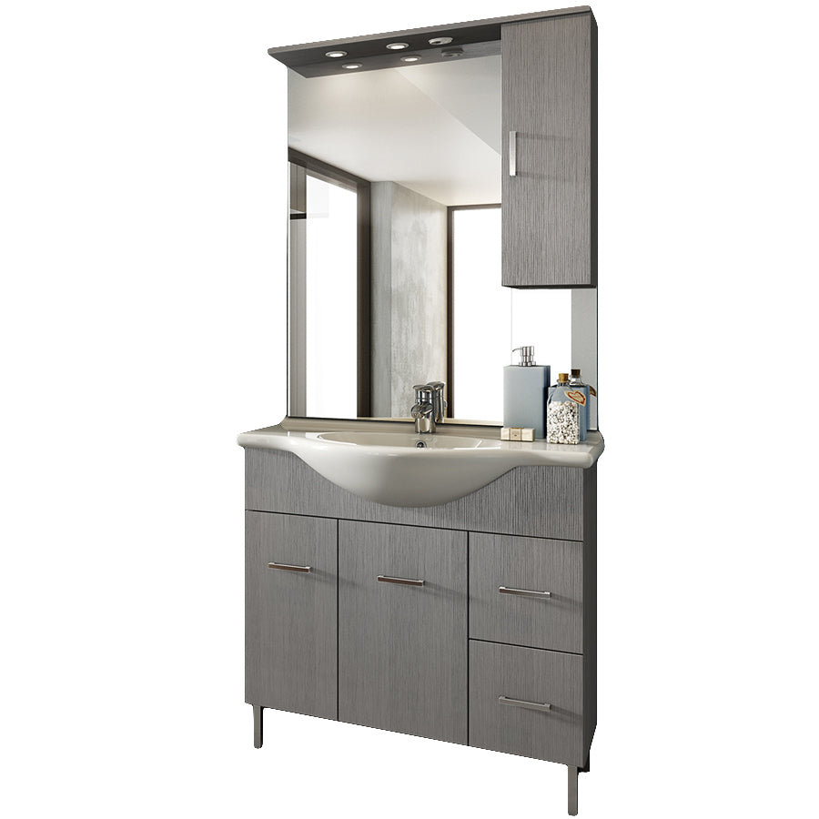 Mobile bagno a terra con lavabo in ceramica, specchio e pensile contenitore modello Jour in nobilitato rifinitura effetto legno larice grigio by CeramicStore | Lo specialista del tuo bagno