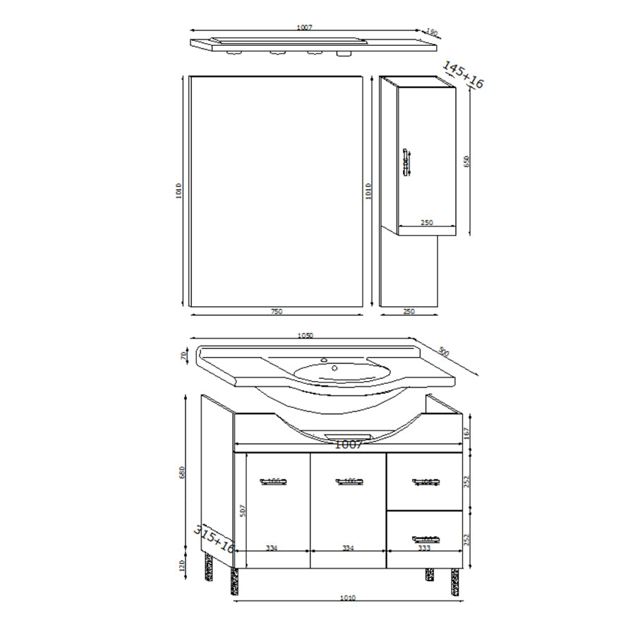 Mobile bagno a terra con due ante, lavabo in ceramica, specchio e pensile modello Jour cm 105 in nobilitato larice grigio by CeramicStore | Lo specialista del tuo bagno