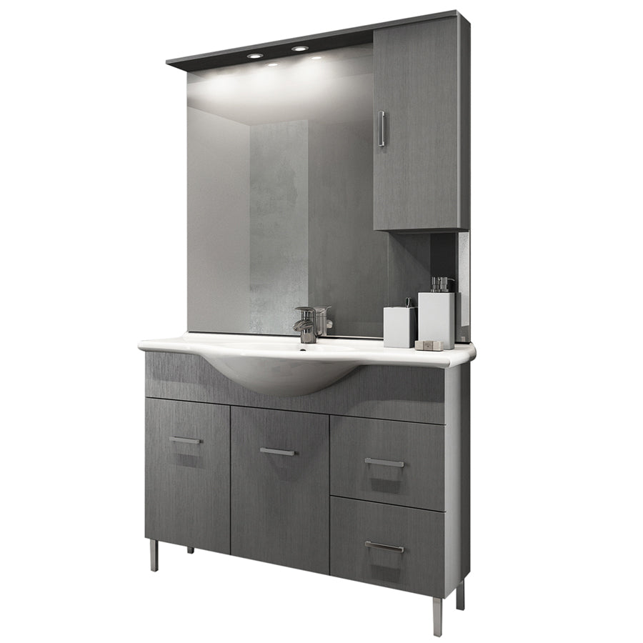 Mobile bagno a terra con due ante, lavabo in ceramica, specchio e pensile modello Jour cm 105 in nobilitato larice grigio by CeramicStore | Lo specialista del tuo bagno
