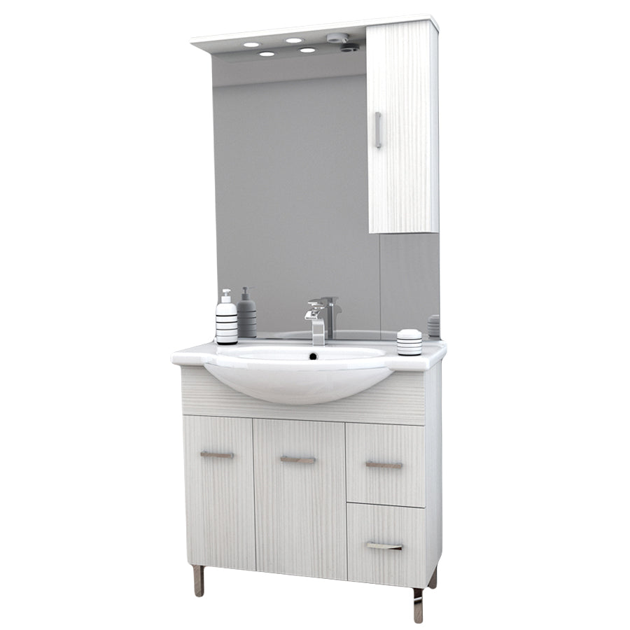 Mobile bagno a terra con due ante, due cassetti, lavabo in ceramica, specchio e pensile modello Jour in nobilitato legno larice bianco by CeramicStore | Lo specialista del tuo bagno