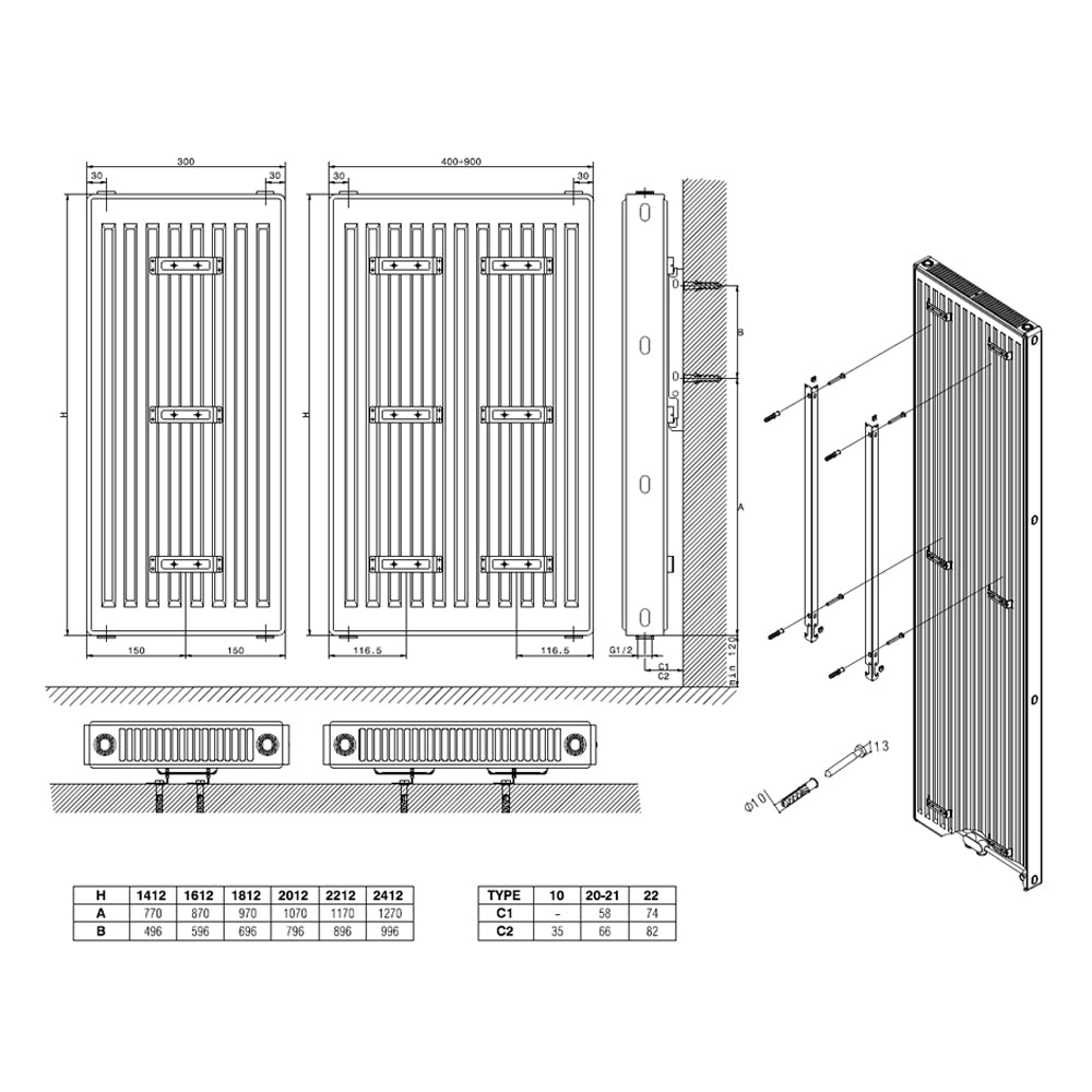 Termoarredo radiatore idraulico Linea Decoart Modello 'Klee' misure cm 180x70 interasse mm 64 - 1072 W OUTLET con IMPERFEZIONI by CeramicStore | Lo specialista del tuo bagno