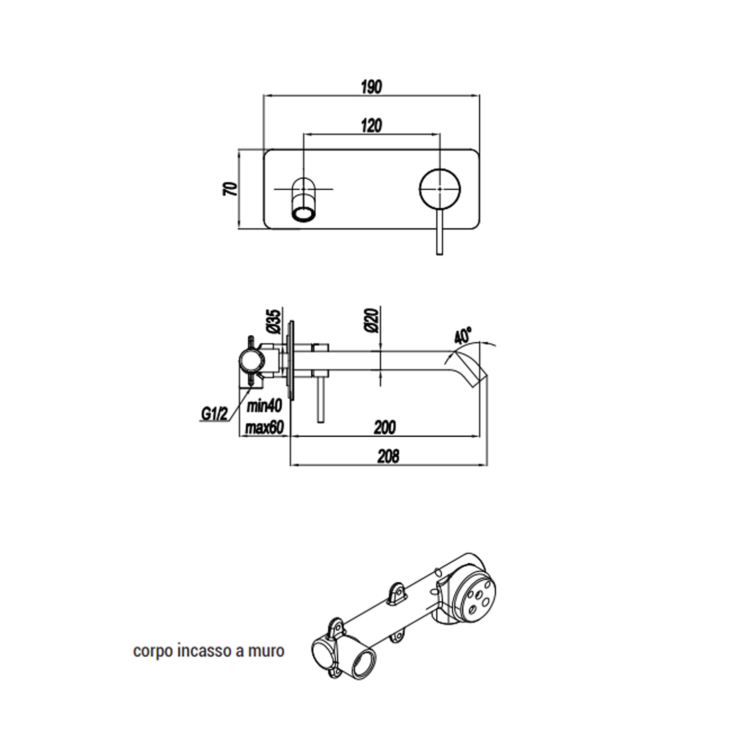 Miscelatore monocomando lavabo murale con piastra RubiFlux serie Regal canna 20 cm - Cromo