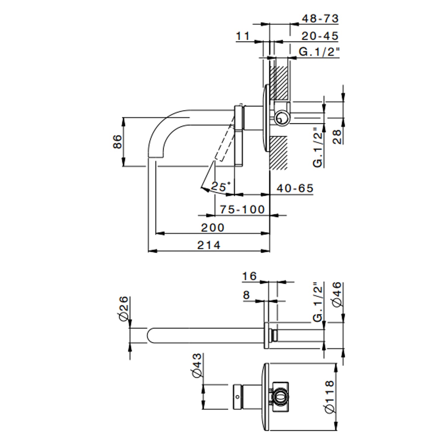 Miscelatore monocomando lavabo murale RubiFlux serie Tundra canna 20 cm - Nickel by CeramicStore | Lo specialista del tuo bagno
