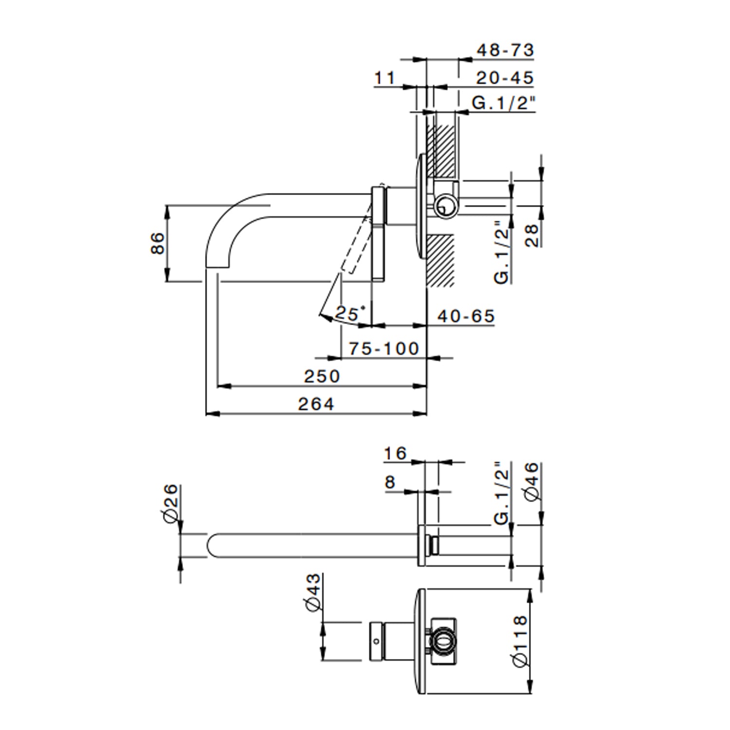 Miscelatore monocomando lavabo murale RubiFlux serie Tundra canna 25 cm - Nickel by CeramicStore | Lo specialista del tuo bagno