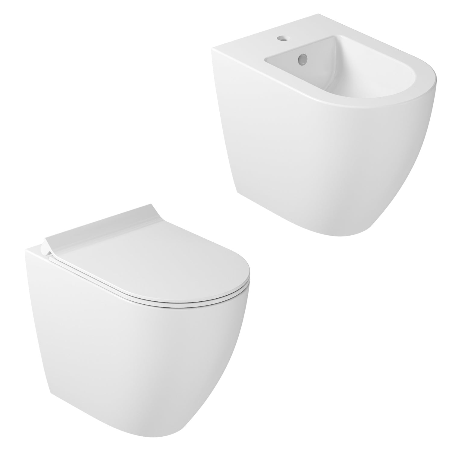 Coppia di sanitari filomuro 56x36 cm scarico traslato serie Dream di Ceramica Galassia con sedile soft close