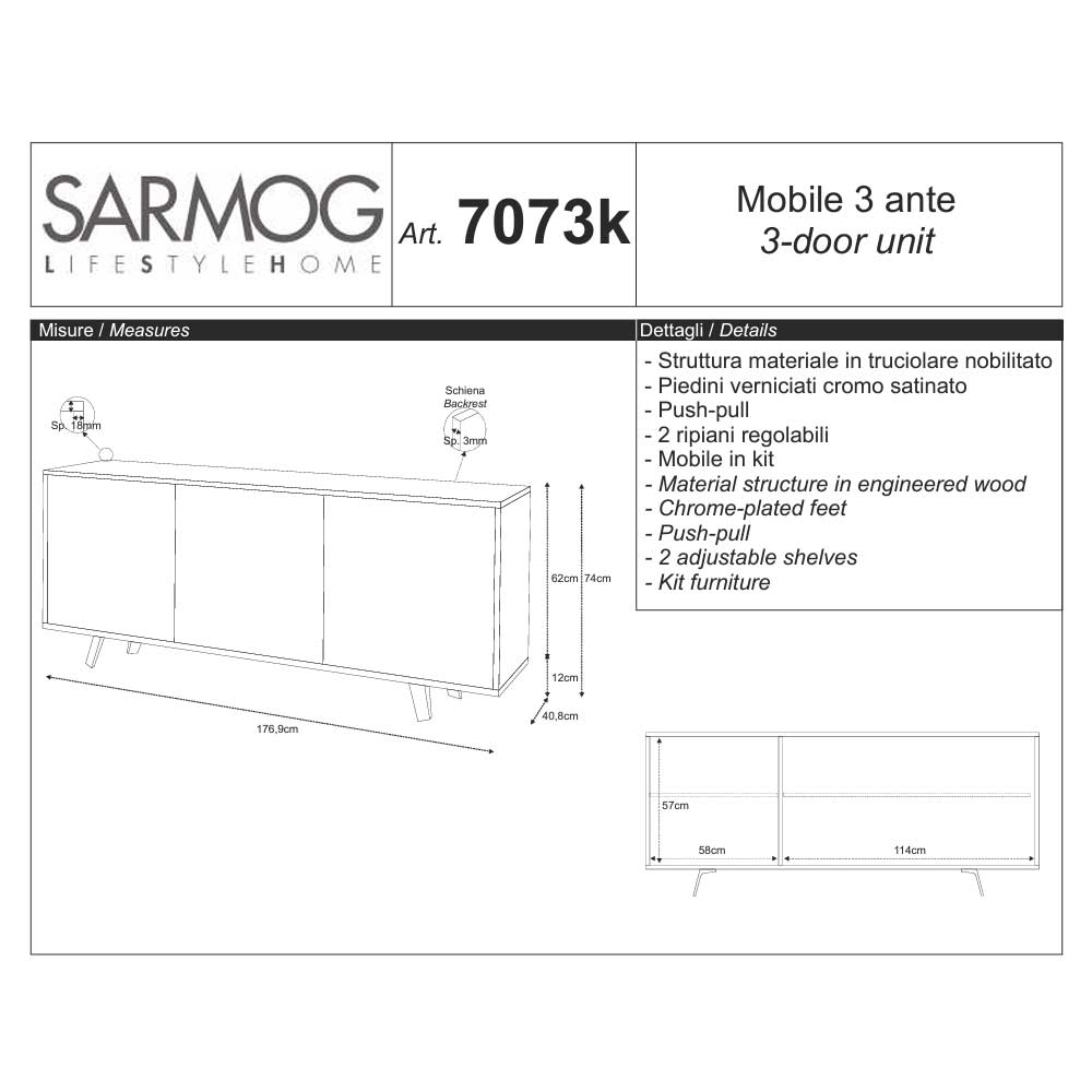Mobile Madia a 3 Ante Push-Pull finitura Struttura Ossido Bianco / Finitura Frontale Ossido Nero by Sarmog by CeramicStore | Lo specialista del tuo bagno