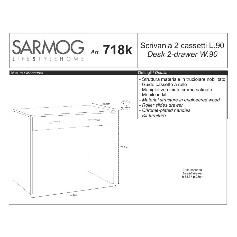 Scrivania da Ufficio o Cameretta da 90 cm con 2 cassetti finitura Struttura Bianco Fiammato / Finitura Frontale Bianco Fiammato by Sarmog by CeramicStore | Lo specialista del tuo bagno