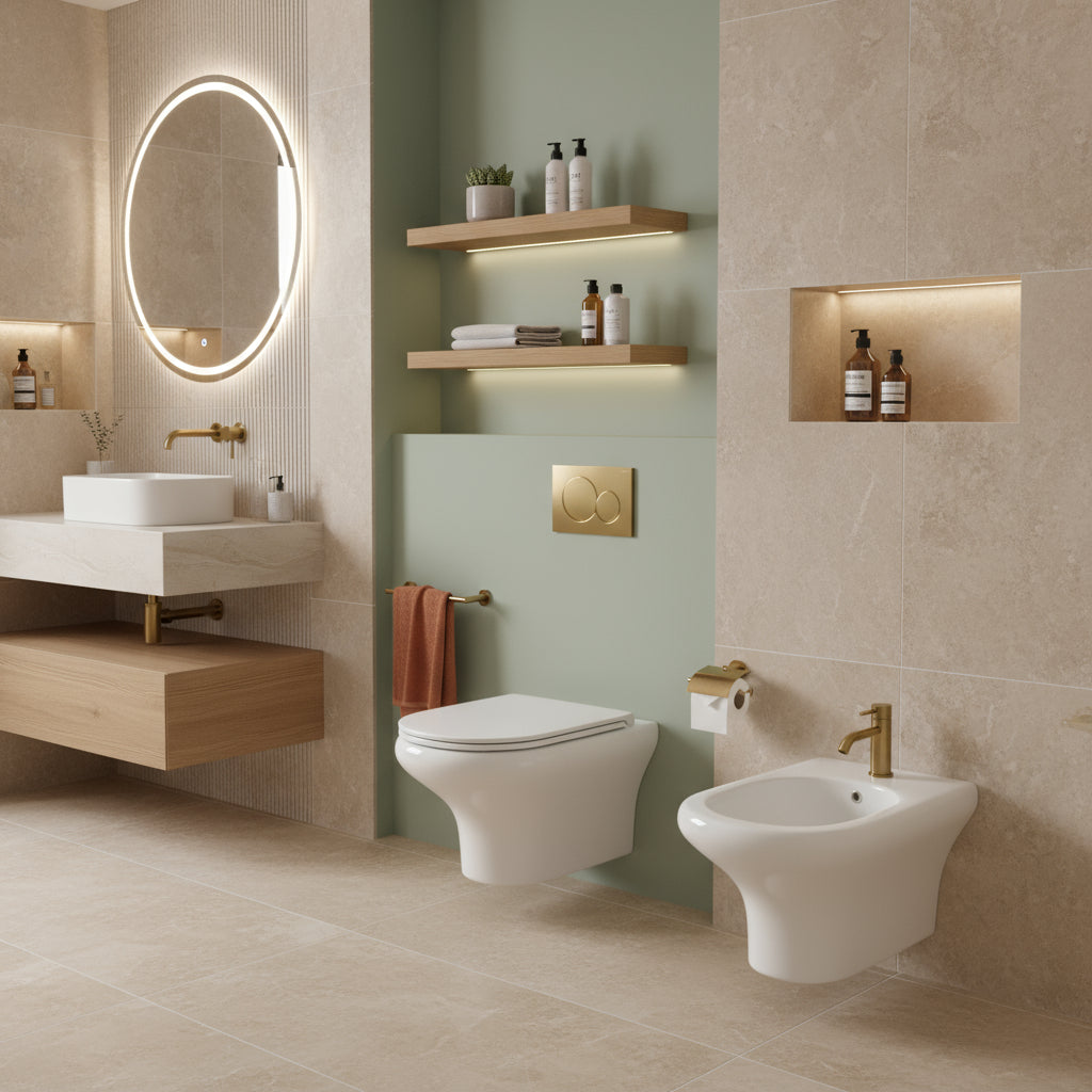 Coppia di sanitari sospesi Block di Rak Ceramics cm 37x52 bidet - wc senza brida e copriwater