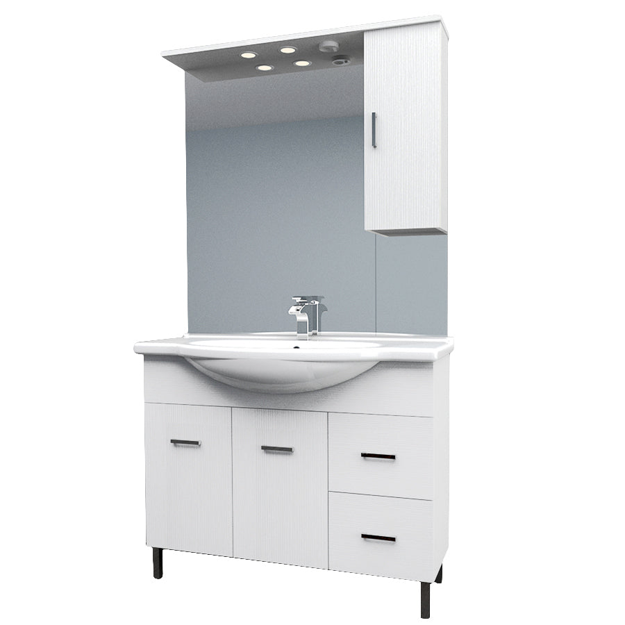 Mobile bagno a terra con ante, cassetti, lavabo, specchio e pensile modello Jour cm 105 in nobilitato larice bianco by CeramicStore | Lo specialista del tuo bagno