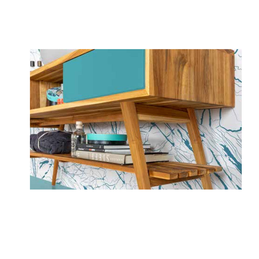 Consolle da bagno in Teak naturale 150cm serie Feelgood Cipi con cassetti Blu Sardegna by CeramicStore | Lo specialista del tuo bagno