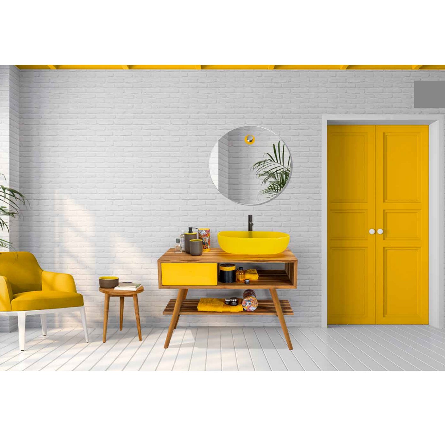 Consolle da bagno in Teak naturale 100cm serie Feelgood Small Cipi con cassetto Giallo Mostarda by CeramicStore | Lo specialista del tuo bagno