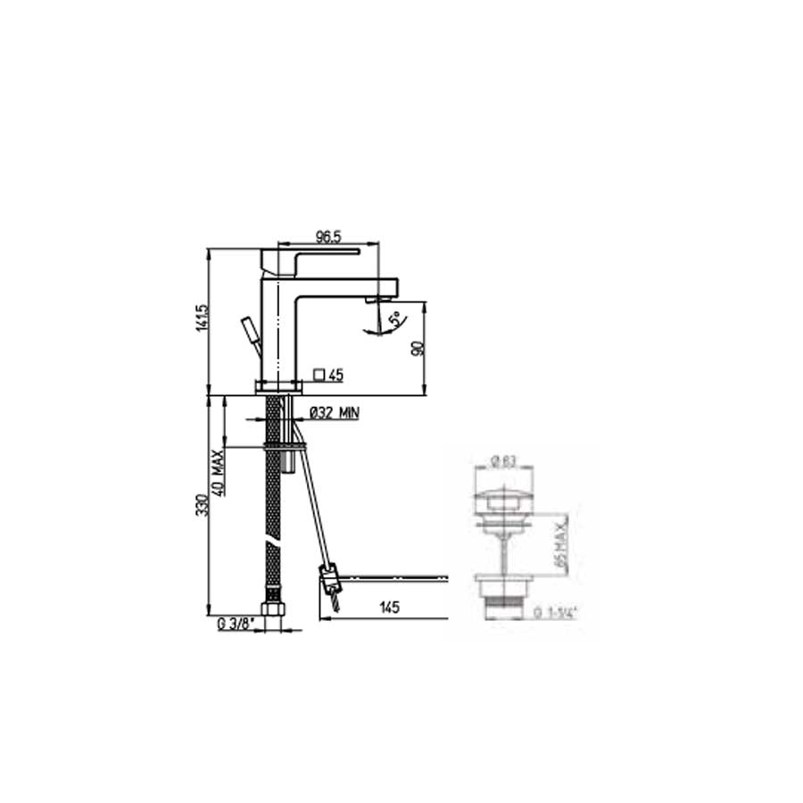 Rubinetto di forma quadrata per lavabo finitura cromata con Piletta e Saltello collezione More di Argo Rubinetterie