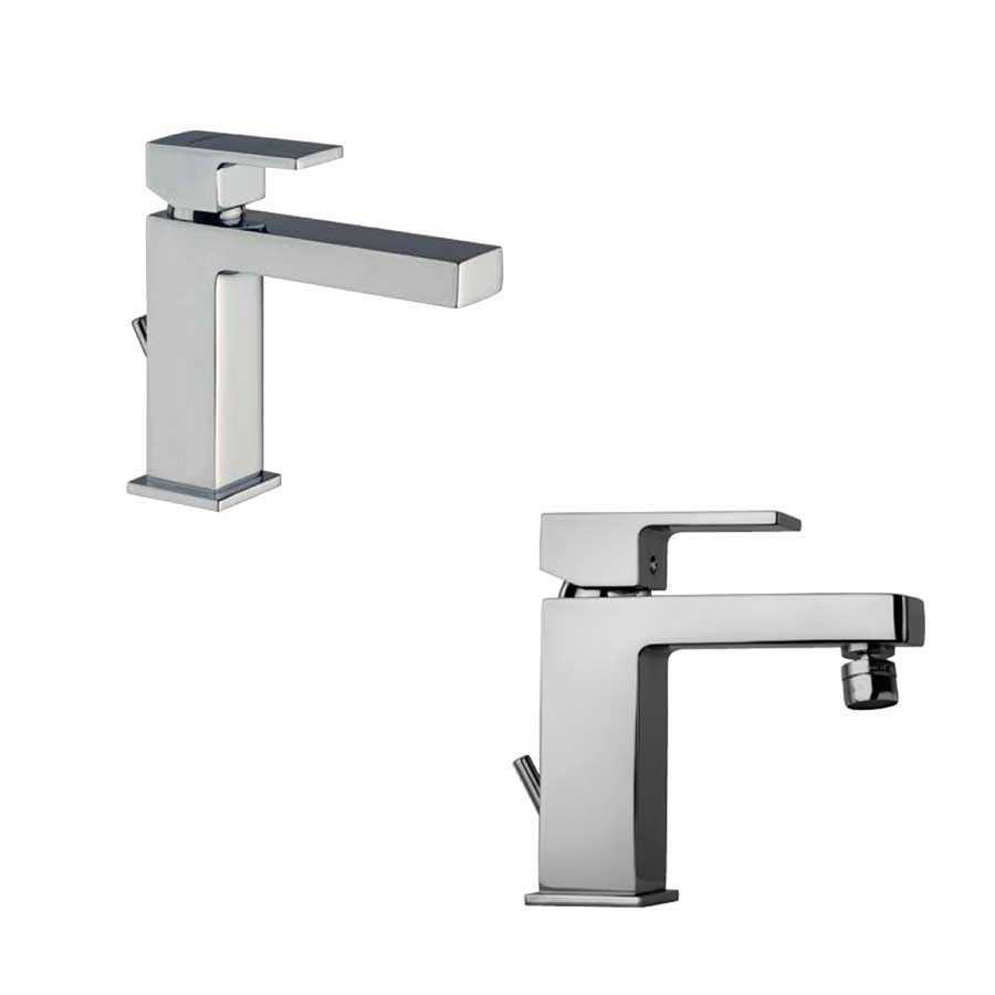 Set di miscelatori di forma quadrata per lavabo e bidet finitura cromata con Piletta e Saltello collezione More di Argo Rubinetterie