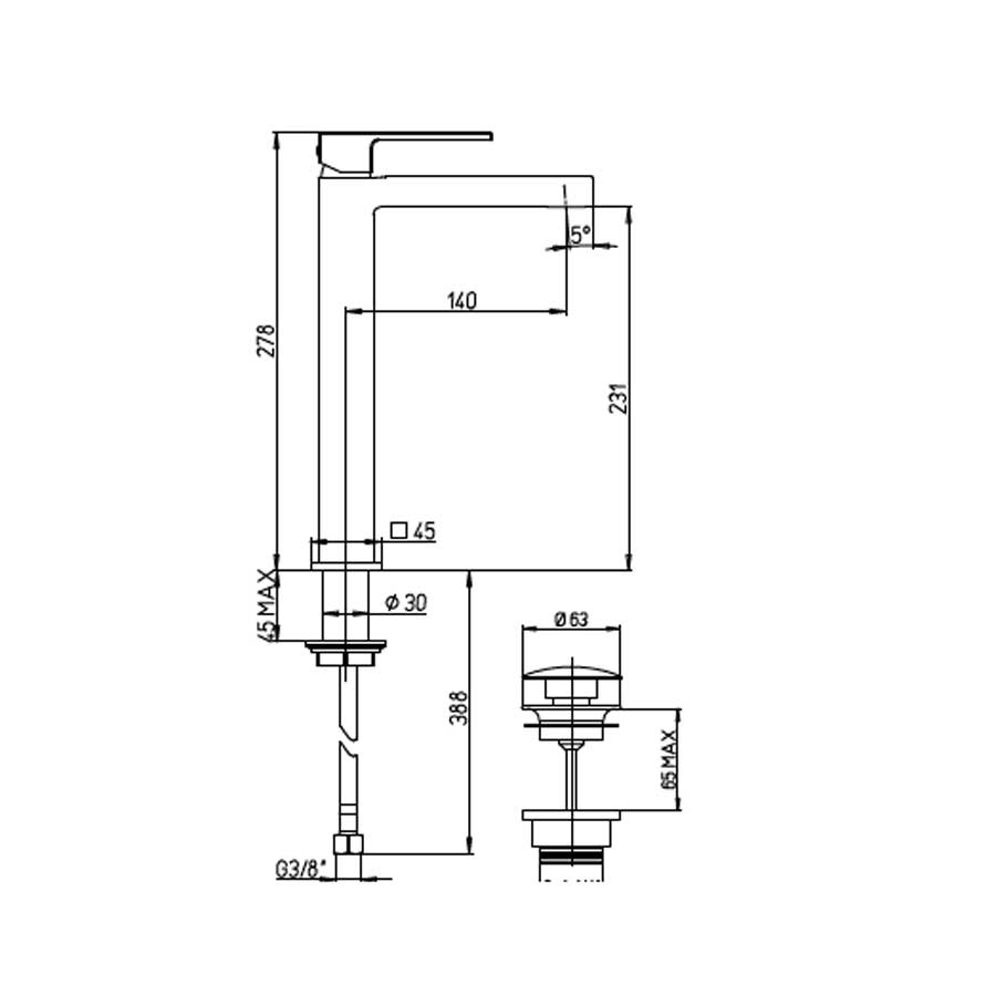 Rubinetto di forma quadrata per Lavabo Alto finitura cromata con Piletta Click Clack collezione More di Argo Rubinetterie