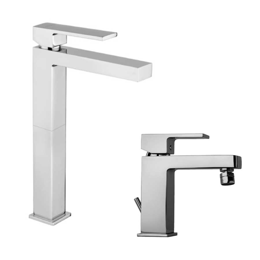 Set di miscelatori di forma quadrata per lavabo alto e bidet finitura cromata con Piletta e Saltello collezione More di Argo Rubinetterie