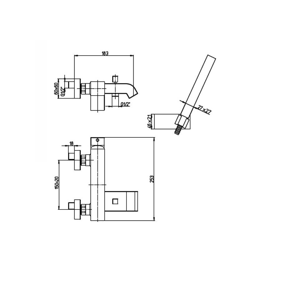 Rubinetto di forma quadrata per Vasca con set Doccia finitura cromata con corpo a muro in ottone collezione More di Argo Rubinetterie
