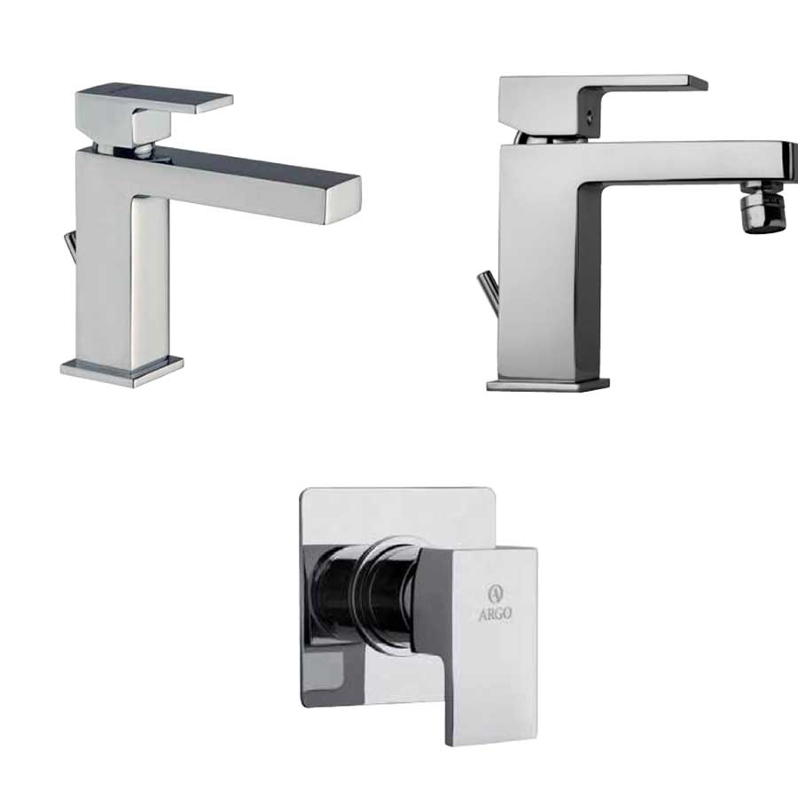 Set di miscelatori di forma quadrata per lavabo e bidet e doccia finitura cromata collezione More di Argo Rubinetterie