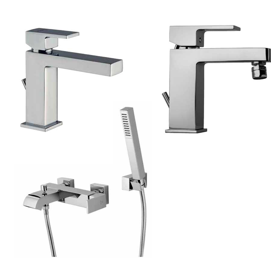 Set di miscelatori di forma quadrata per lavabo e bidet e vasca con set Doccia finitura cromata collezione More di Argo Rubinetterie