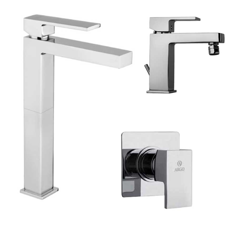 Set di miscelatori di forma quadrata per Lavabo Alto e bidet e doccia finitura cromata collezione More di Argo Rubinetterie
