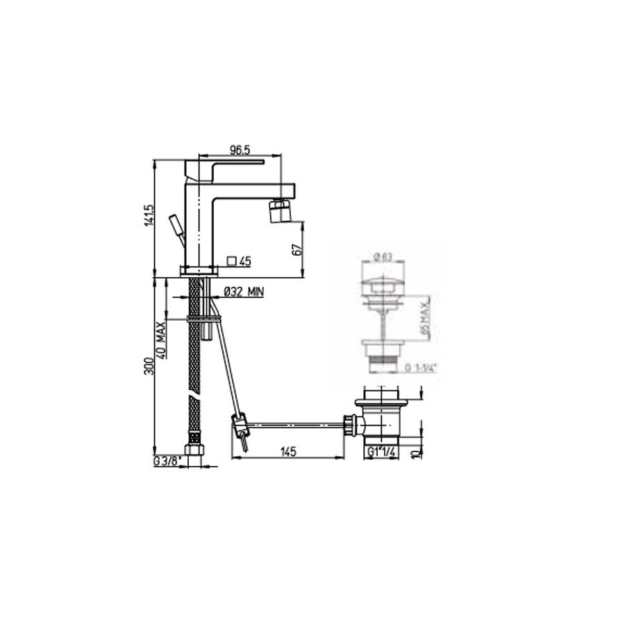 Set di miscelatori di forma quadrata per lavabo Alto e bidet e vasca con set Doccia finitura cromata collezione More di Argo Rubinetterie