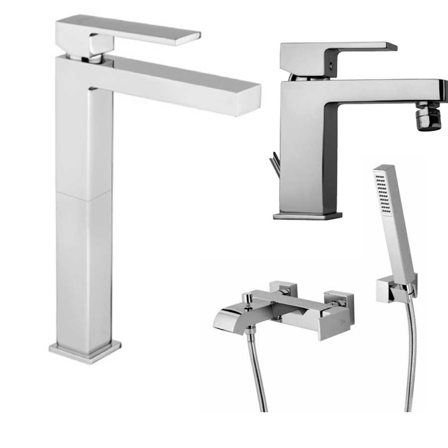 Set di miscelatori di forma quadrata per lavabo Alto e bidet e vasca con set Doccia finitura cromata collezione More di Argo Rubinetterie