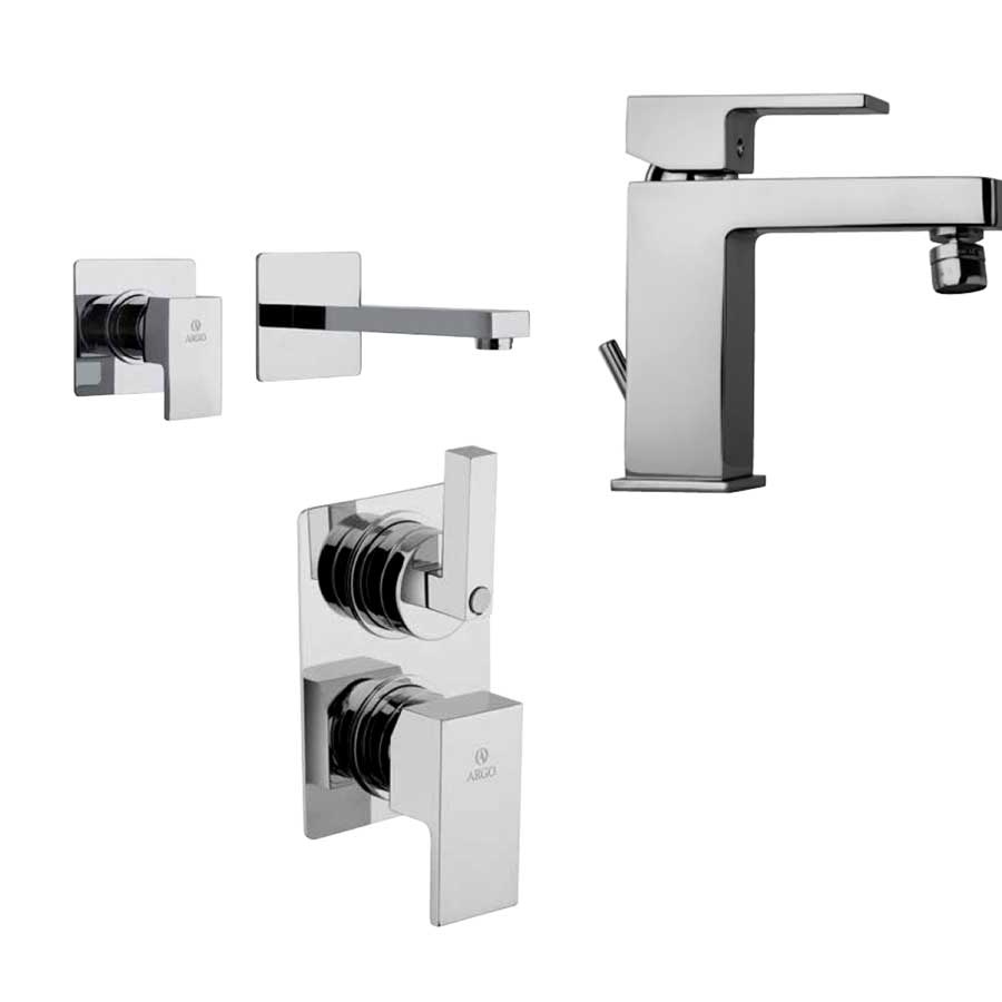 Set di miscelatori di forma quadrata per lavabo a muro, bidet e doccia con deviatore finitura cromata collezione More di Argo Rubinetterie