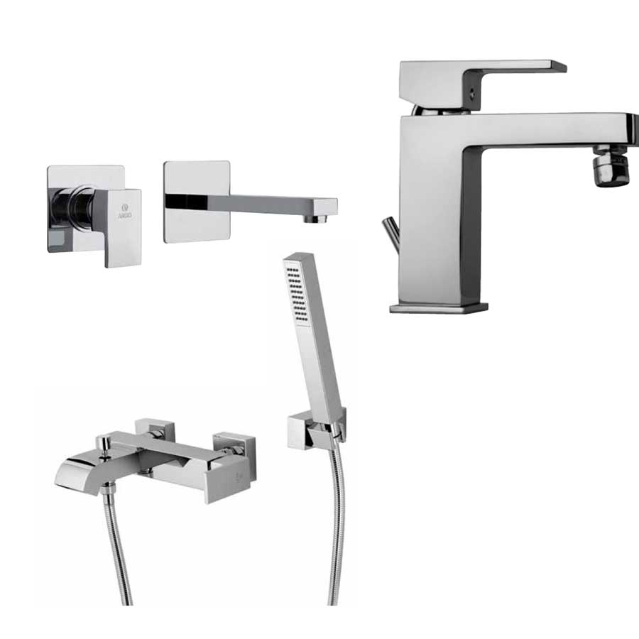 Set di miscelatori di forma quadrata per lavabo a muro, bidet e vasca con set Doccia finitura cromata collezione More di Argo Rubinetterie