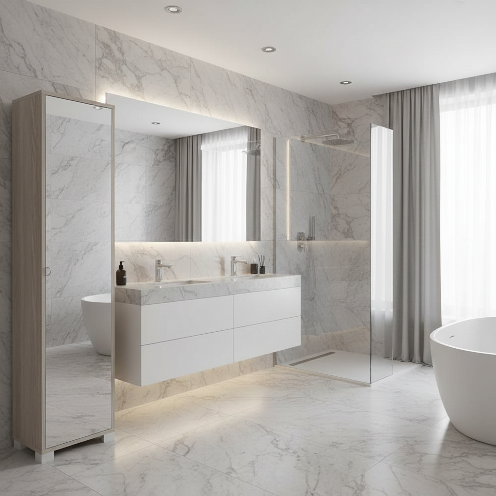 Mobile Colonna da Bagno 1 Anta finitura Struttura Olmo Chiaro / Finitura Frontale Specchio Naturale by Sarmog