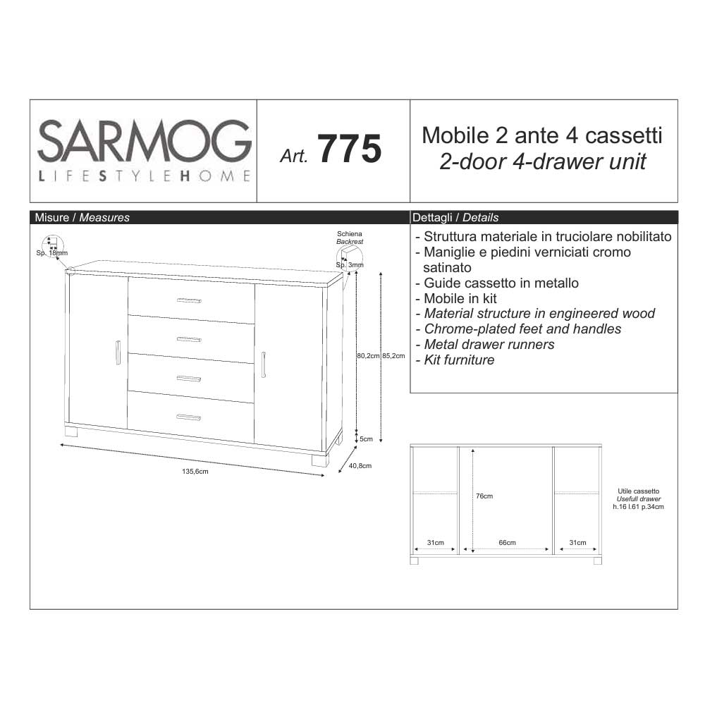 Mobile Credenza a 2 ante e 4 cassetti finitura Struttura Cemento / Finitura Frontale Ossido Bianco by Sarmog by CeramicStore | Lo specialista del tuo bagno