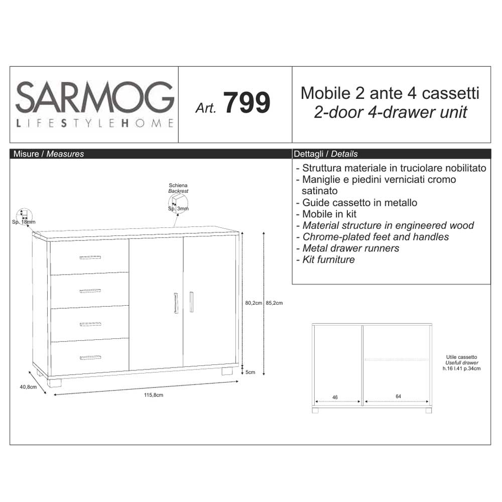 Mobile Credenza a 2 Ante e 4 cassetti finitura Struttura Cemento / Finitura Ossido Bianco by Sarmog by CeramicStore | Lo specialista del tuo bagno