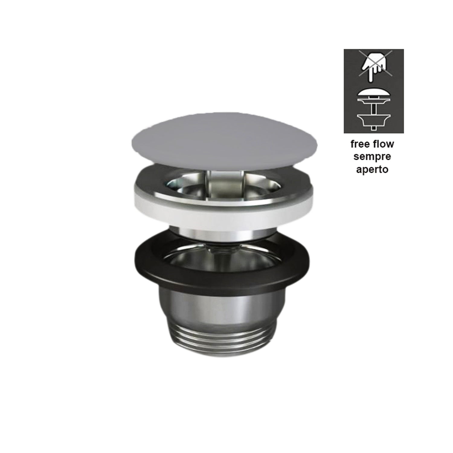 Piletta Free Flow con tappo tondo grigio opaco per lavabi Sensation senza troppo pieno by CeramicStore | Lo specialista del tuo bagno