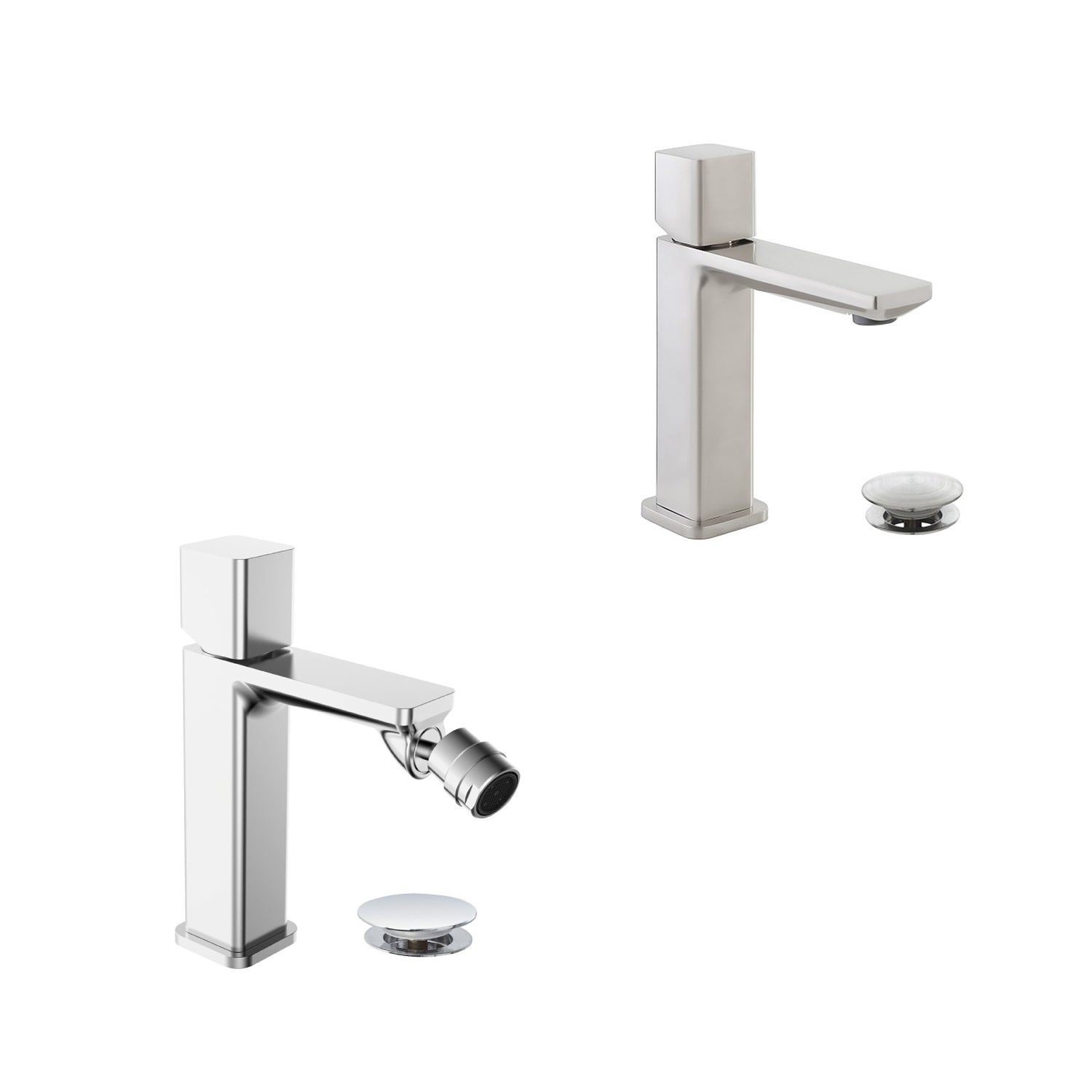 Kit miscelatore lavabo + bidet RubiFlux serie Lilium Modello Grey con piletta clic-clac - Nickel spazzolato