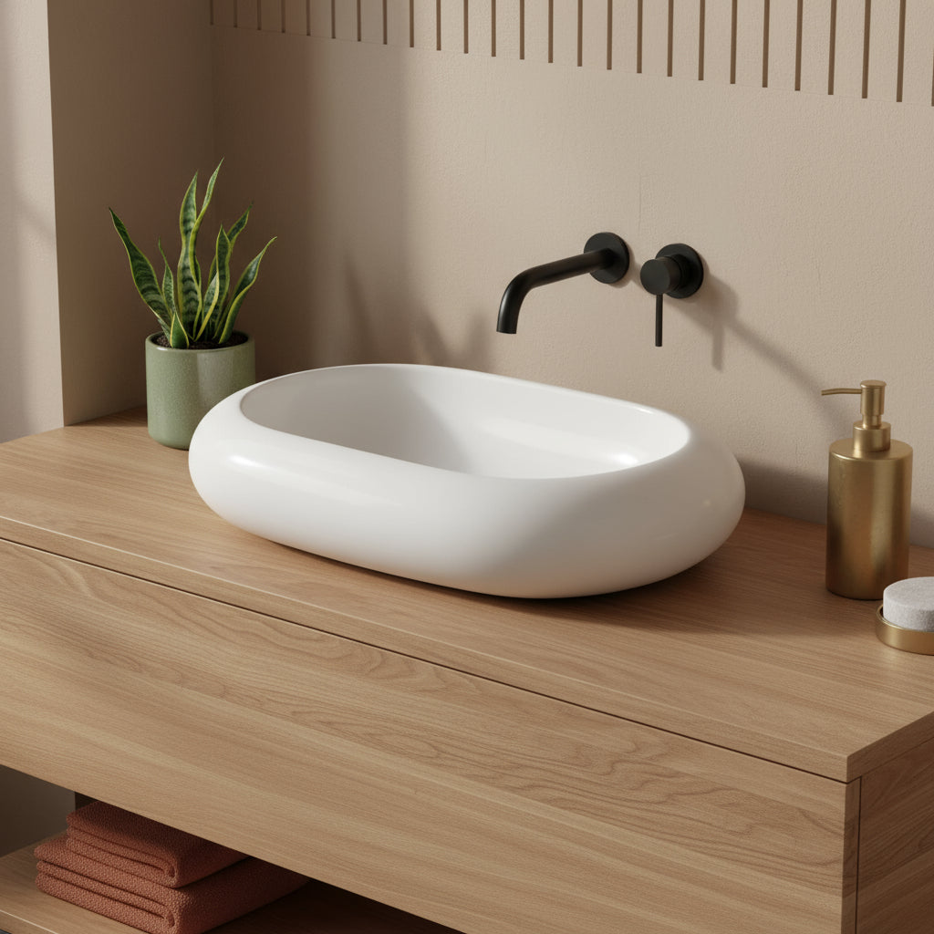 Lavabo da appoggio bianco rettangolare angoli arrotondati 63x40 H.16 cm