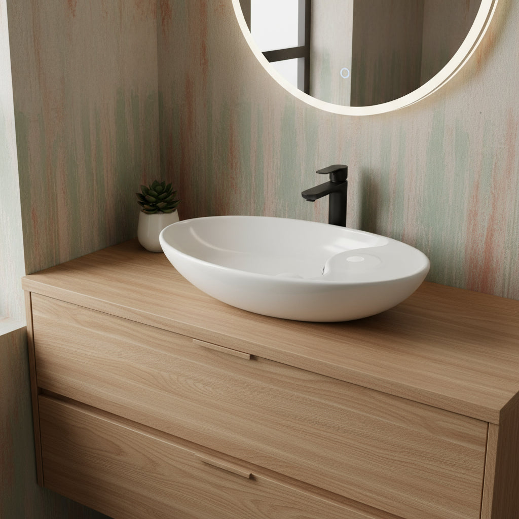 Lavabo da appoggio bianco con troppo pieno 73.5x39 H.13 cm