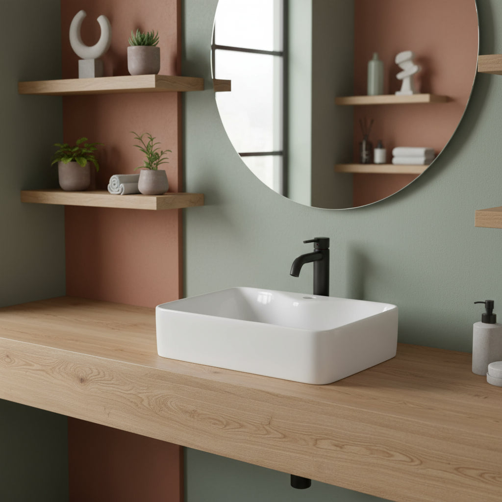 Lavabo d'appoggio quadrato ceramica bianca senza troppo pieno altezza 13 cm