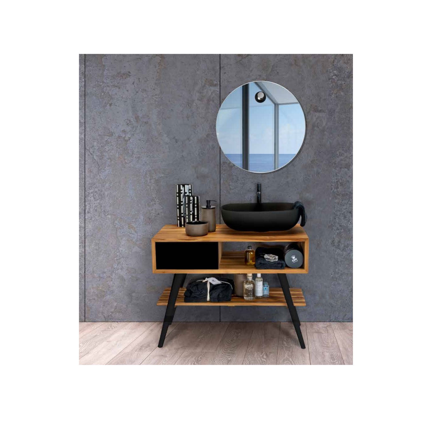 Consolle da bagno in Teak naturale 100cm serie Feelgood Small Cipi con un cassetto - frontale nero by CeramicStore | Lo specialista del tuo bagno